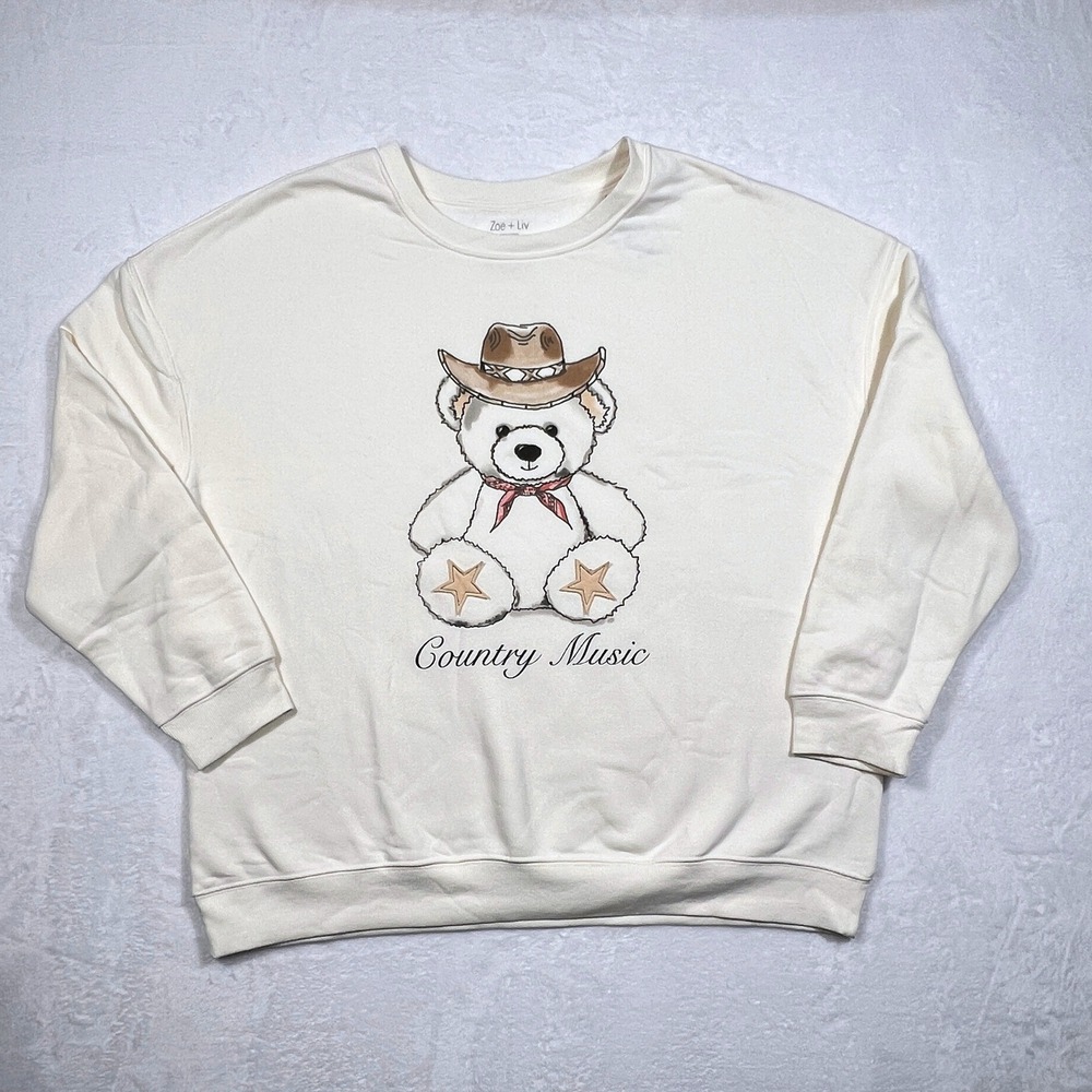 Zoe + Liv Women's 2X Country Music Cowboy Teddy Bear Sweatshirt Cream NWT